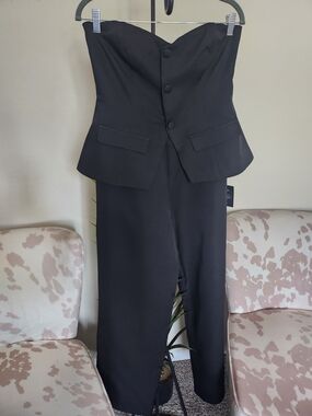 Strapless Black Tailored Jumpsuit with Buttoned Peplum